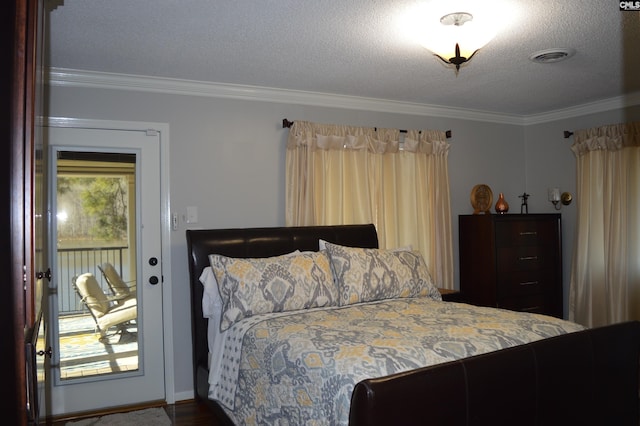 bedroom featuring access to outside, a textured ceiling, visible vents, and crown molding