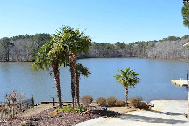 property view of water with fence and a view of trees