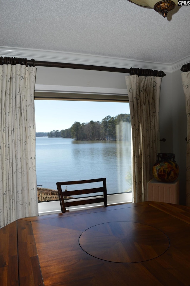 dining area featuring a healthy amount of sunlight, crown molding, a textured ceiling, and a water view