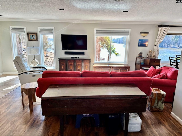 living room with ornamental molding, plenty of natural light, a textured ceiling, and wood finished floors