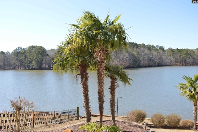 water view with a forest view and fence