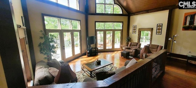 living room with high vaulted ceiling, a wealth of natural light, french doors, and wood finished floors