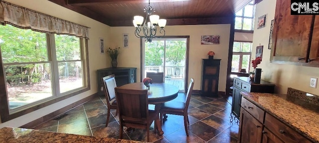 dining space with wood ceiling, baseboards, and a notable chandelier