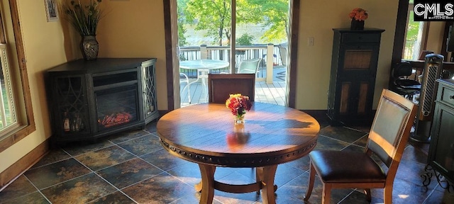 dining space featuring a fireplace and a wealth of natural light