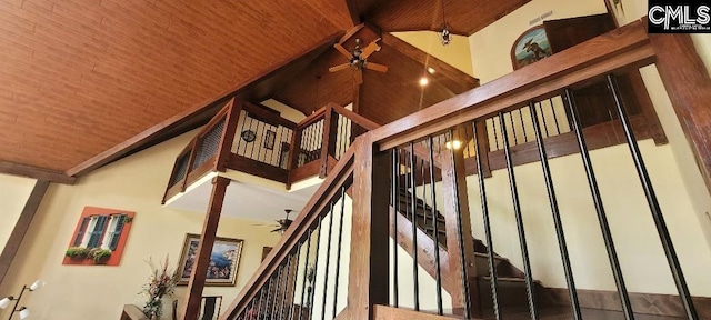 staircase with wood ceiling, beam ceiling, high vaulted ceiling, and a ceiling fan