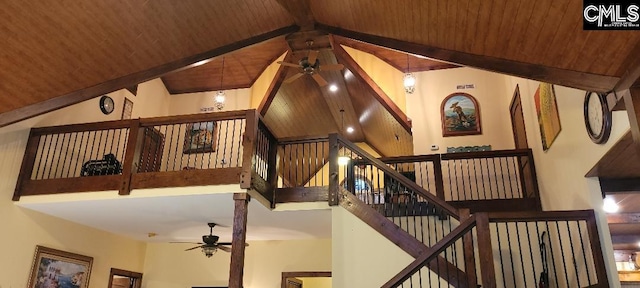 interior details featuring wood ceiling, ceiling fan, and beamed ceiling