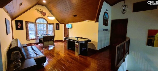 recreation room featuring lofted ceiling, wooden ceiling, baseboards, and wood finished floors