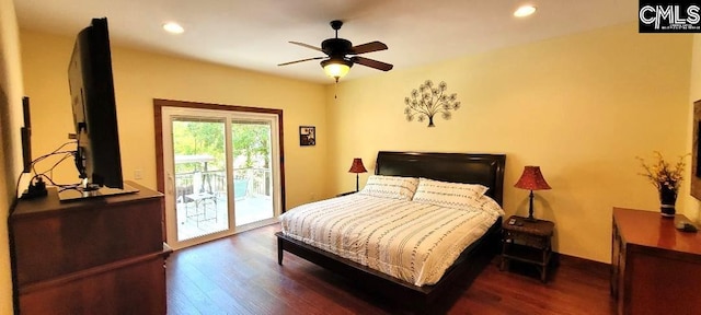 bedroom featuring access to exterior, ceiling fan, wood finished floors, and recessed lighting