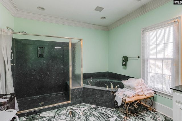 full bath with a stall shower, ornamental molding, and a garden tub