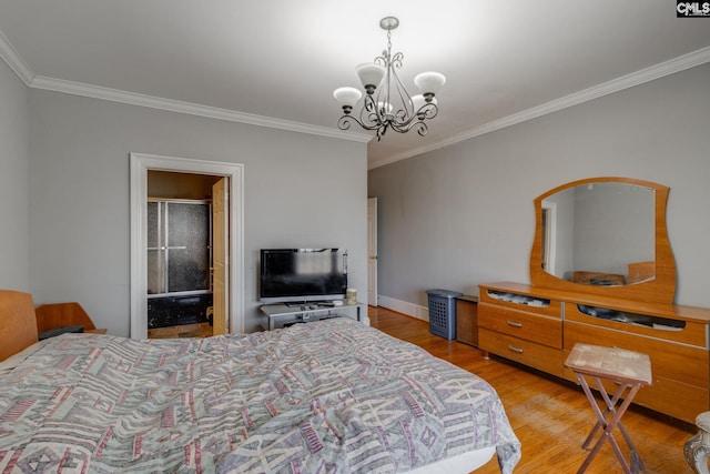 bedroom featuring an inviting chandelier, ornamental molding, and wood finished floors