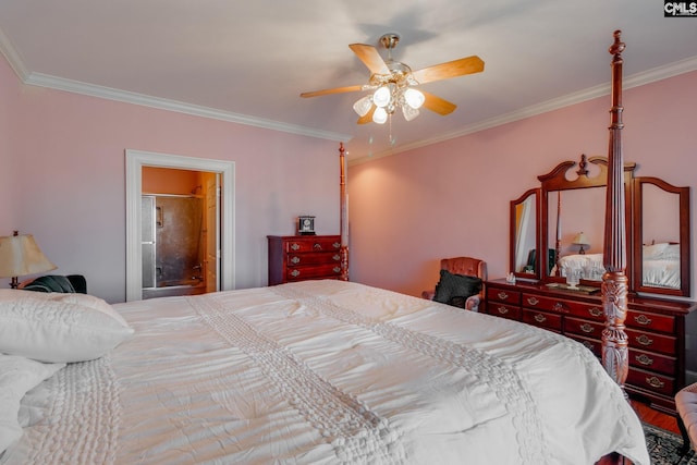 bedroom with ornamental molding, ensuite bathroom, and a ceiling fan