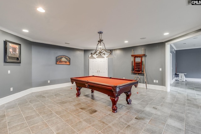 rec room featuring pool table, baseboards, crown molding, and recessed lighting