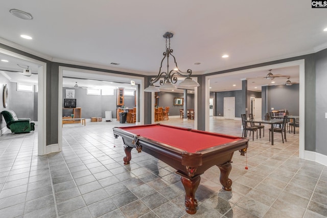 playroom featuring crown molding, recessed lighting, pool table, tile patterned flooring, and baseboards