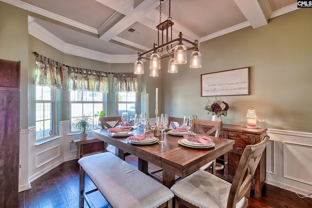 dining space featuring wainscoting, hardwood / wood-style floors, beamed ceiling, and coffered ceiling