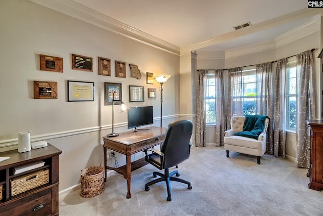 office featuring ornamental molding, carpet, visible vents, and baseboards