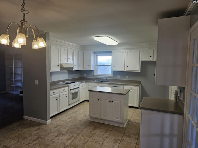 kitchen featuring white appliances, a sink, white cabinetry, and under cabinet range hood