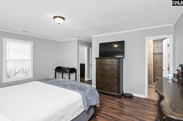 bedroom featuring dark wood-type flooring, crown molding, a textured ceiling, and baseboards