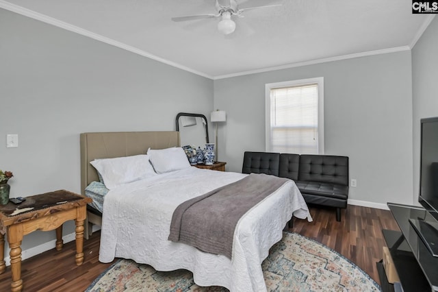 bedroom with a ceiling fan, baseboards, wood finished floors, and ornamental molding