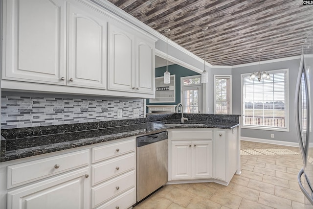 kitchen featuring a sink, white cabinetry, backsplash, dishwasher, and crown molding