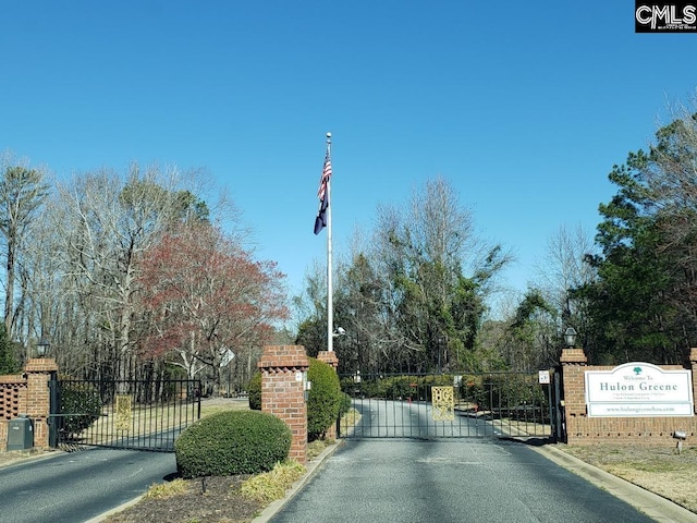 view of street with a gate, a gated entry, and curbs