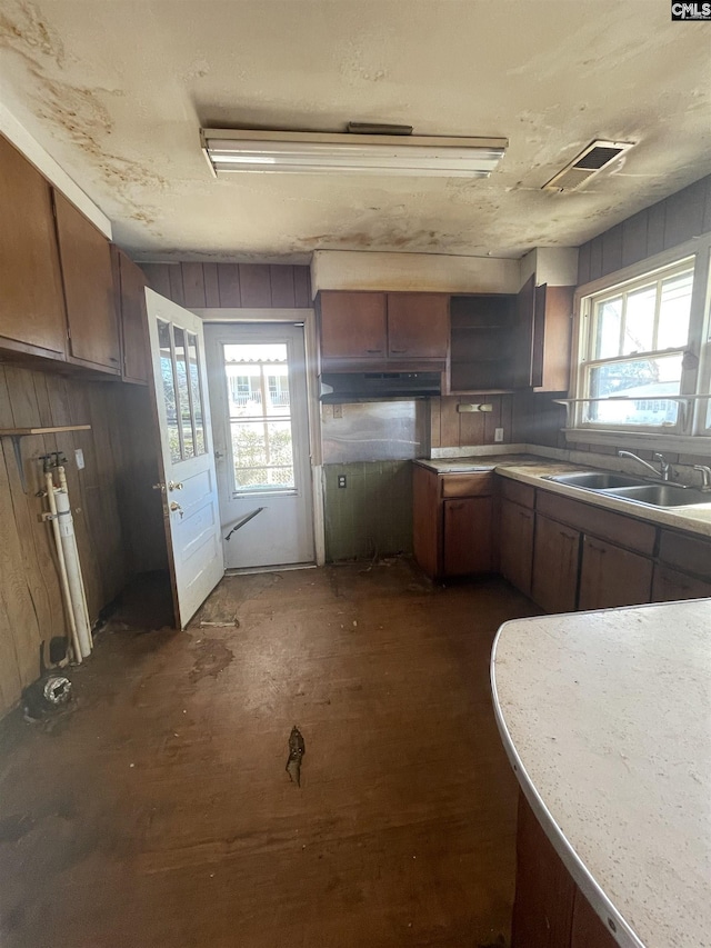 kitchen with under cabinet range hood, a sink, visible vents, and a healthy amount of sunlight