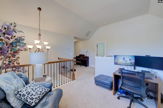 carpeted office featuring an inviting chandelier, visible vents, and vaulted ceiling