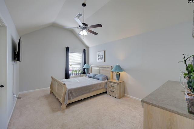 bedroom featuring light colored carpet, visible vents, ceiling fan, and lofted ceiling