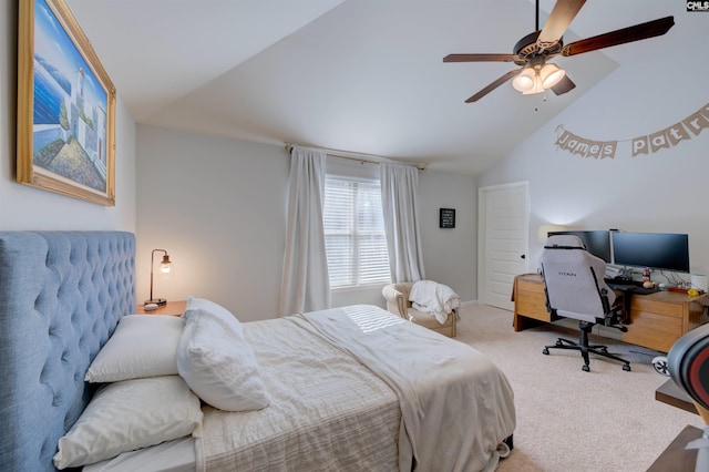 carpeted bedroom with lofted ceiling and ceiling fan