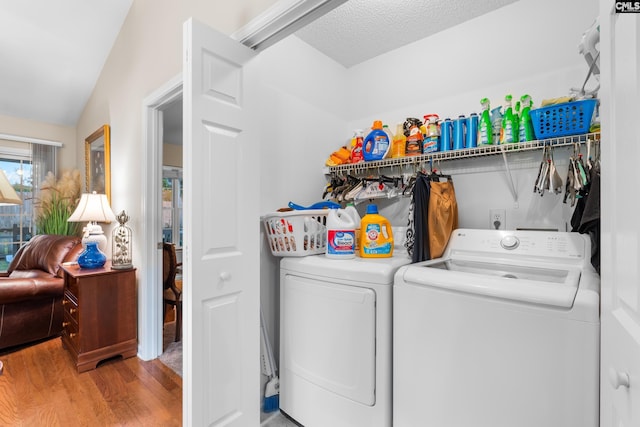 laundry area featuring wood finished floors, laundry area, and separate washer and dryer