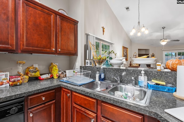 kitchen featuring reddish brown cabinets, black dishwasher, visible vents, and a sink