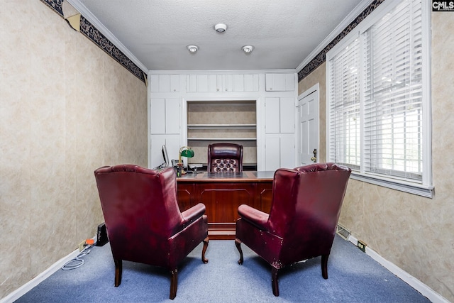 carpeted office space with crown molding, a textured wall, baseboards, and a textured ceiling