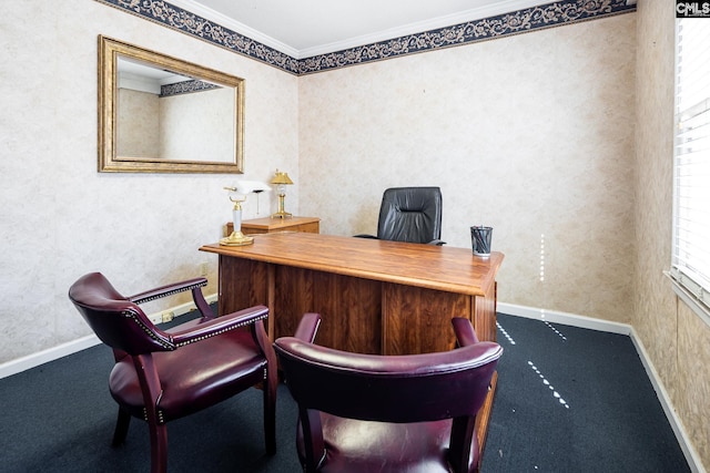 office area with carpet floors, baseboards, and ornamental molding