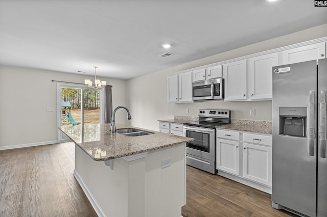 kitchen featuring visible vents, dark wood-type flooring, a sink, appliances with stainless steel finishes, and white cabinets