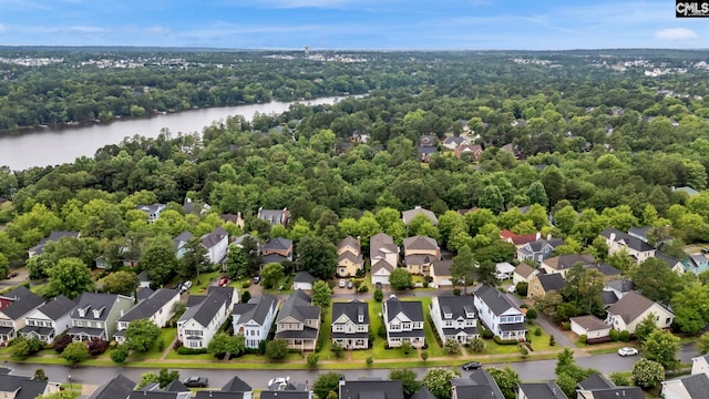 aerial view with a water view and a residential view