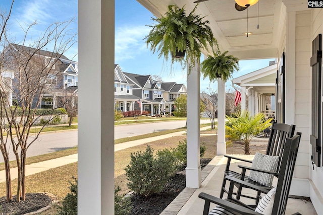 view of patio featuring a residential view and covered porch