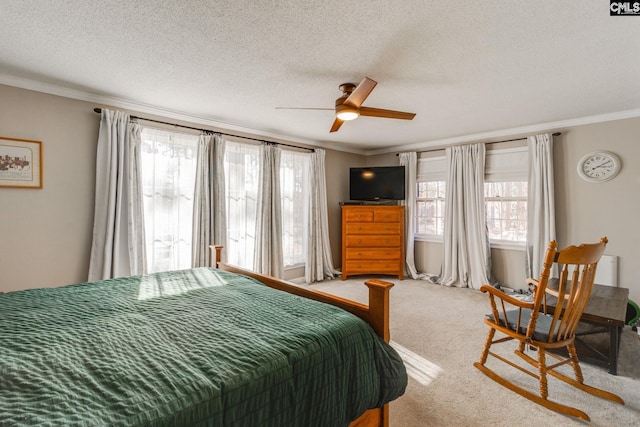 bedroom featuring a textured ceiling, ornamental molding, multiple windows, and carpet