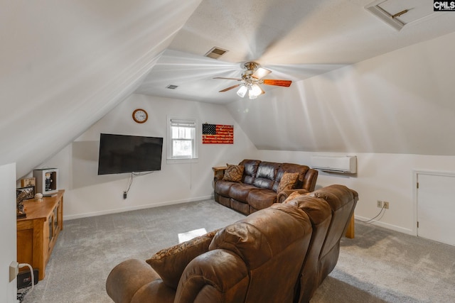 living room with carpet floors, visible vents, baseboards, vaulted ceiling, and an AC wall unit