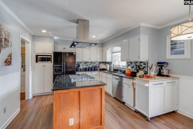 kitchen with light wood finished floors, stainless steel appliances, dark countertops, a sink, and island range hood