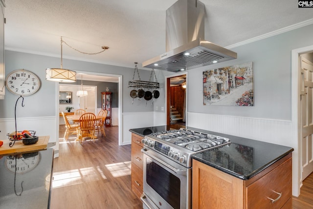 kitchen with a wainscoted wall, island exhaust hood, light wood finished floors, and gas stove