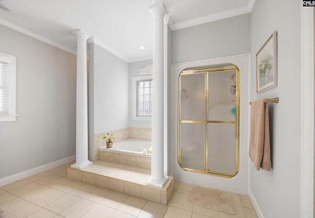 bathroom with a garden tub, crown molding, a stall shower, ornate columns, and tile patterned floors