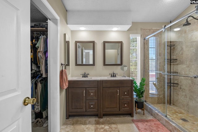 bathroom with a stall shower, a sink, a spacious closet, and double vanity