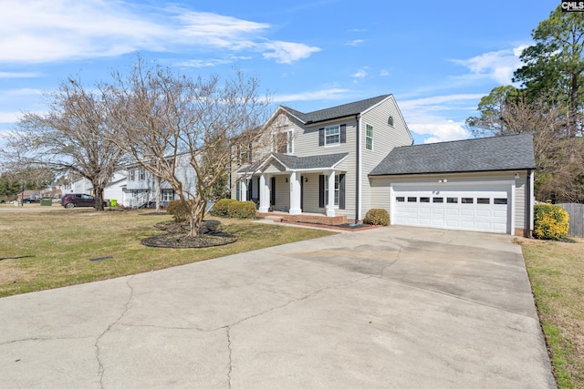 view of front of property with driveway, roof with shingles, an attached garage, a porch, and a front yard