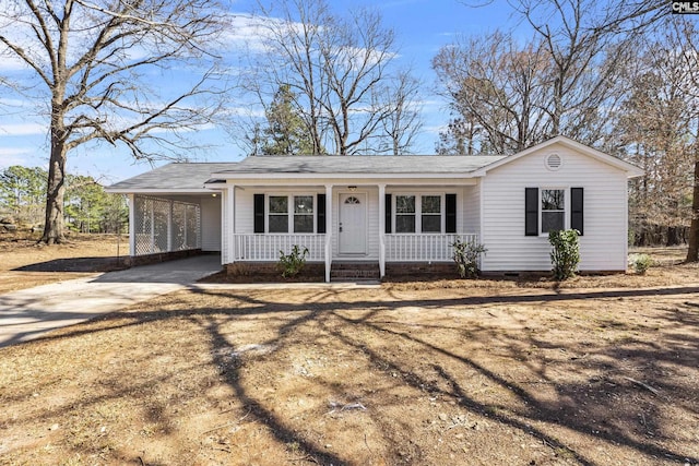 ranch-style home with driveway, crawl space, a porch, and a carport