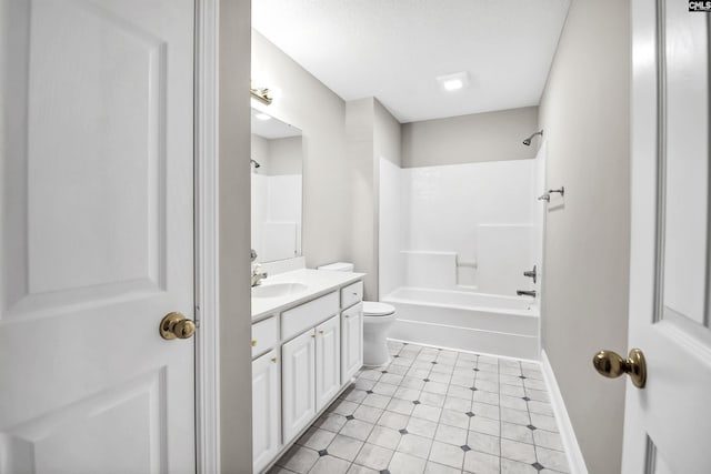 full bathroom featuring toilet, tub / shower combination, vanity, a textured ceiling, and baseboards