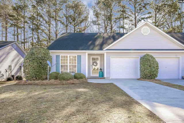 single story home with driveway, a shingled roof, an attached garage, and a front yard