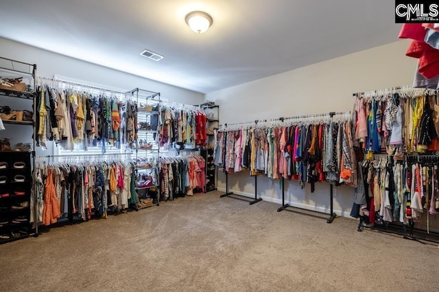 spacious closet with carpet floors and visible vents