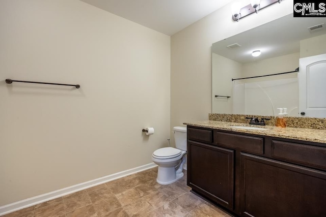 bathroom with a shower, visible vents, toilet, vanity, and baseboards