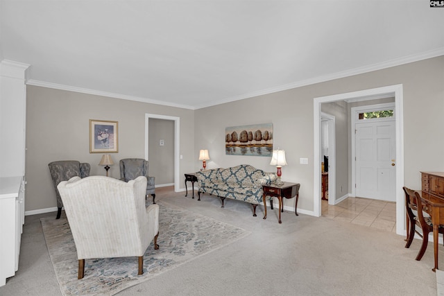 carpeted living room with baseboards, tile patterned floors, and crown molding