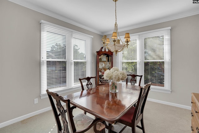 dining room with light carpet, baseboards, and a notable chandelier