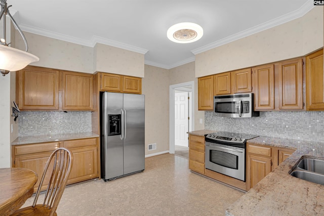 kitchen featuring light floors, appliances with stainless steel finishes, visible vents, and crown molding